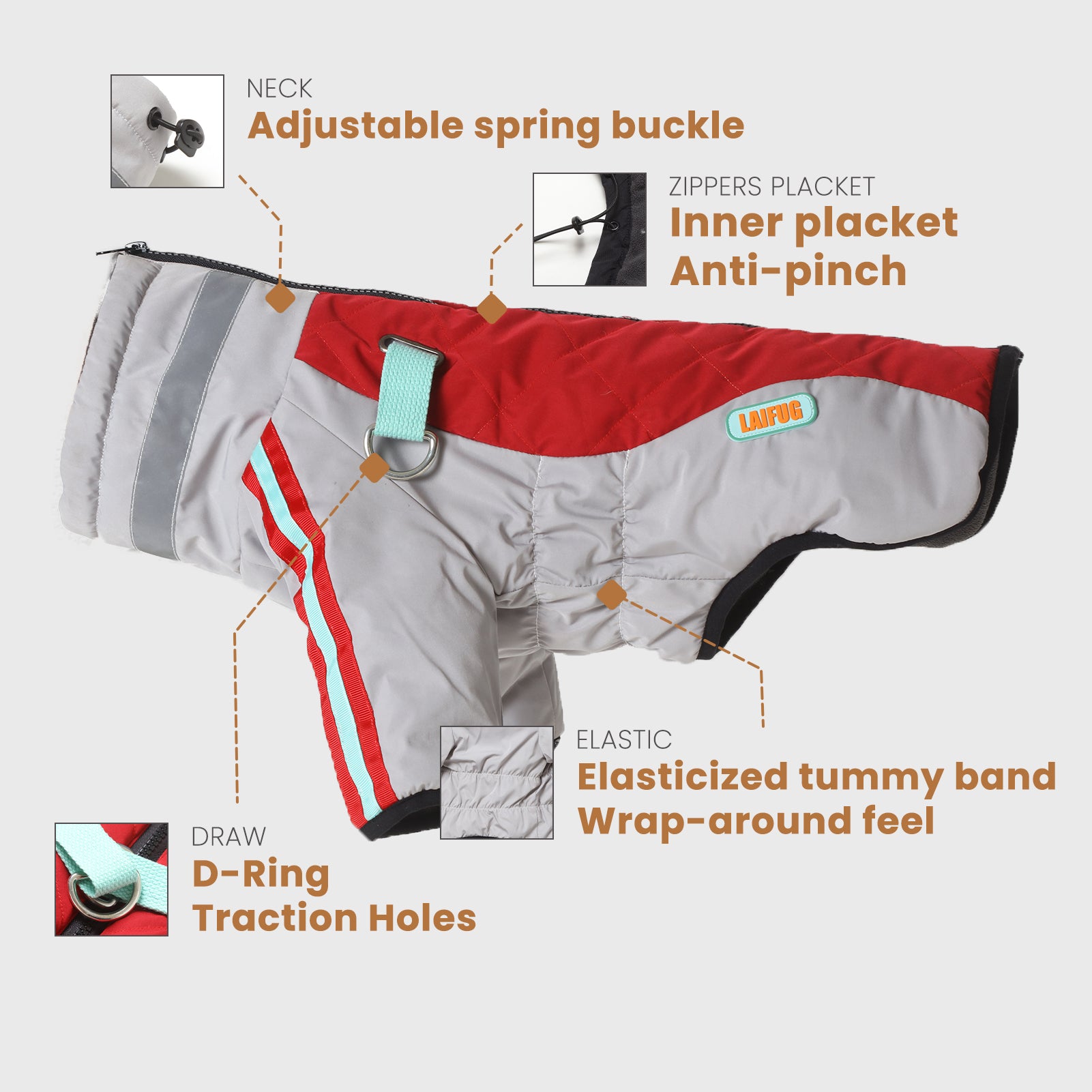 Manteau d'hiver pour chien à deux pattes Laifug gris rouge et gris bleu avec col montant